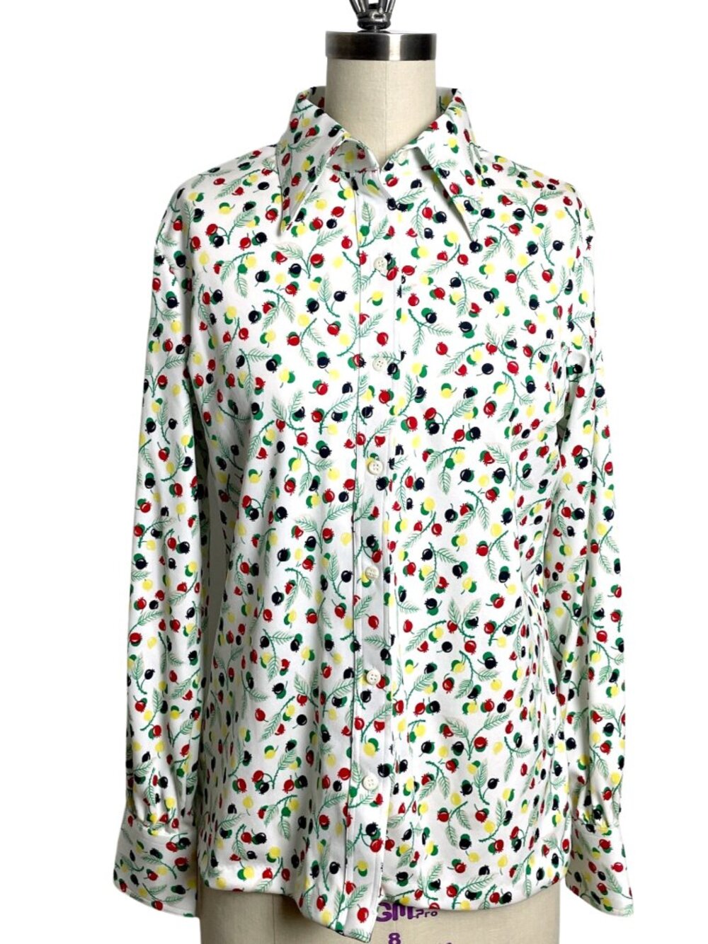 Vintage 70s Berry Print Blouse Polyester Knit Novelty Print Button Down Size S